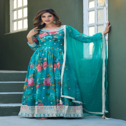 Premium Designer Floral Printed Taby Silk Readymade Gown with Net Dupatta